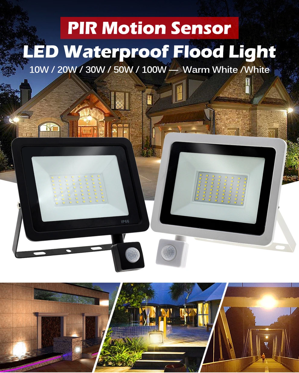 10W 20W 30W 50W 100W LED Floodlight 220V 240V Waterproof PIR Motion Sensor Floodlight Outdoor Wall Lamp Flood Light Spotlight